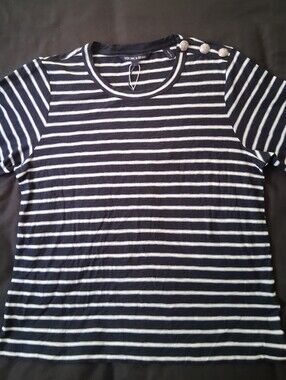 Veronica Beard Navy and White Striped Crewneck Tee with Shoulder Buttons
